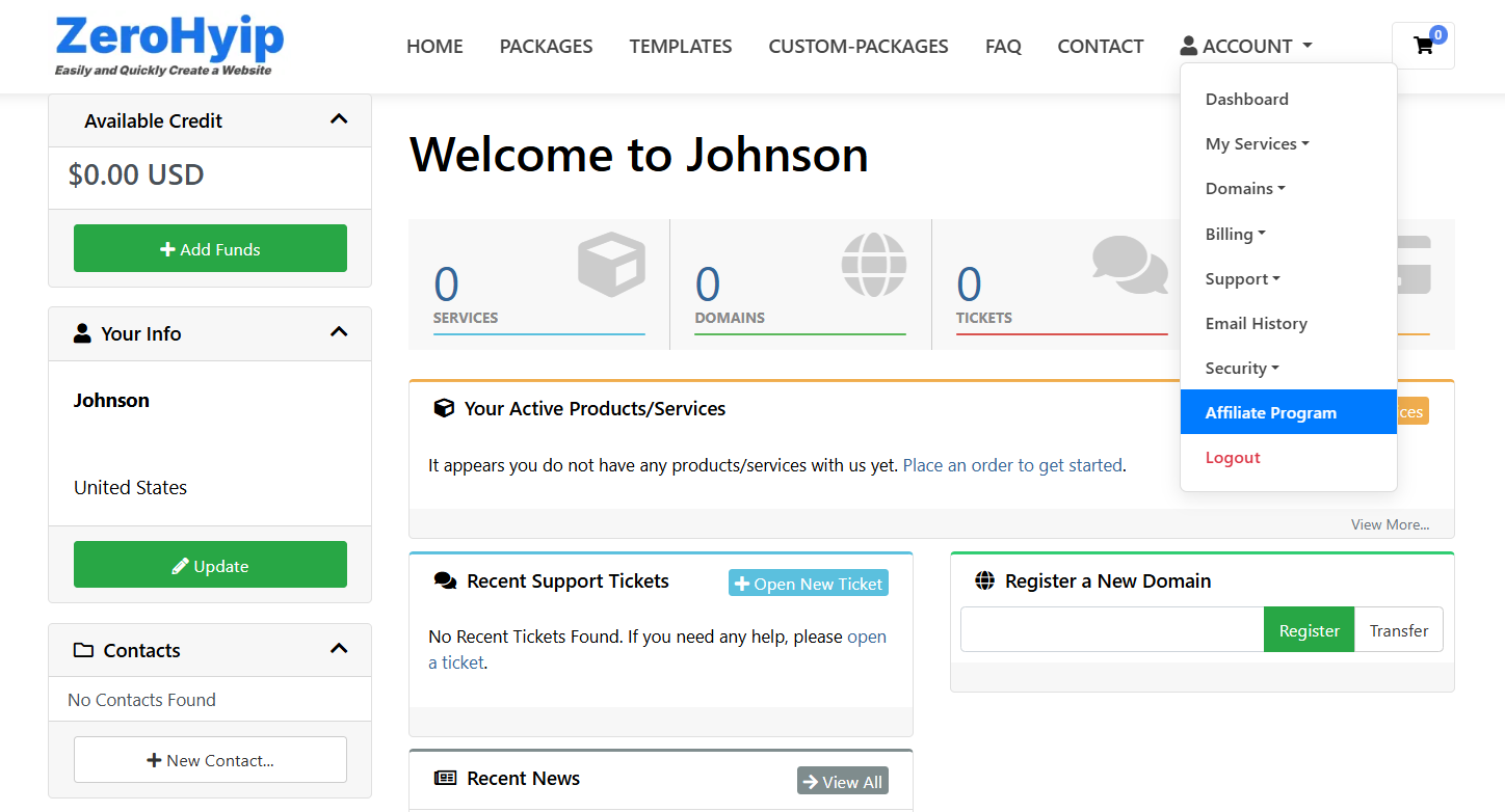 Affiliate Menu Screenshot
