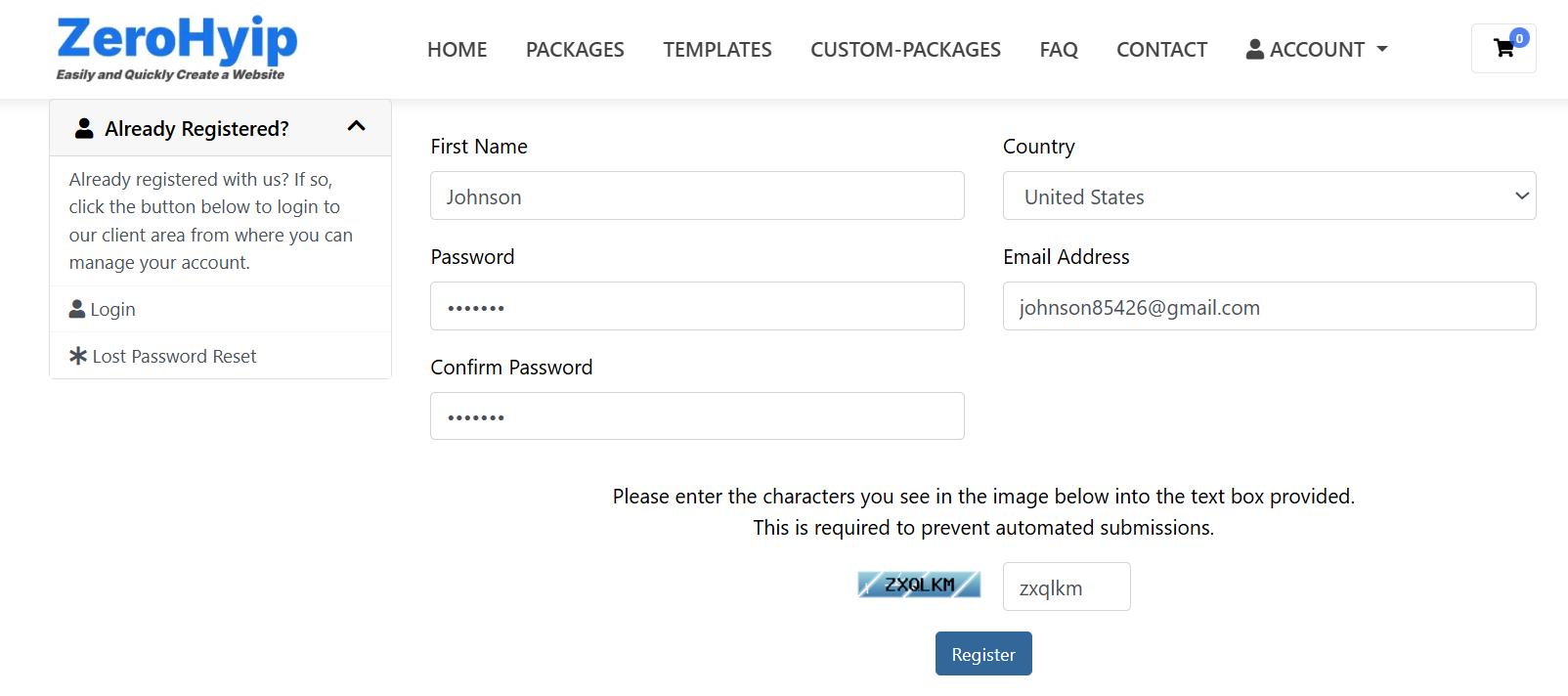 ZeroHyip Login Screenshot